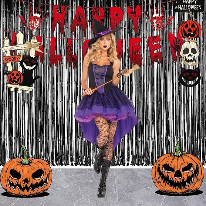 Foil Fringe Curtain Halloweens Party Decorations - Pure Black Tinsel