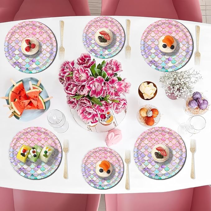48 Pcs Mermaid Birthday Party Decorations Plates Set for 24