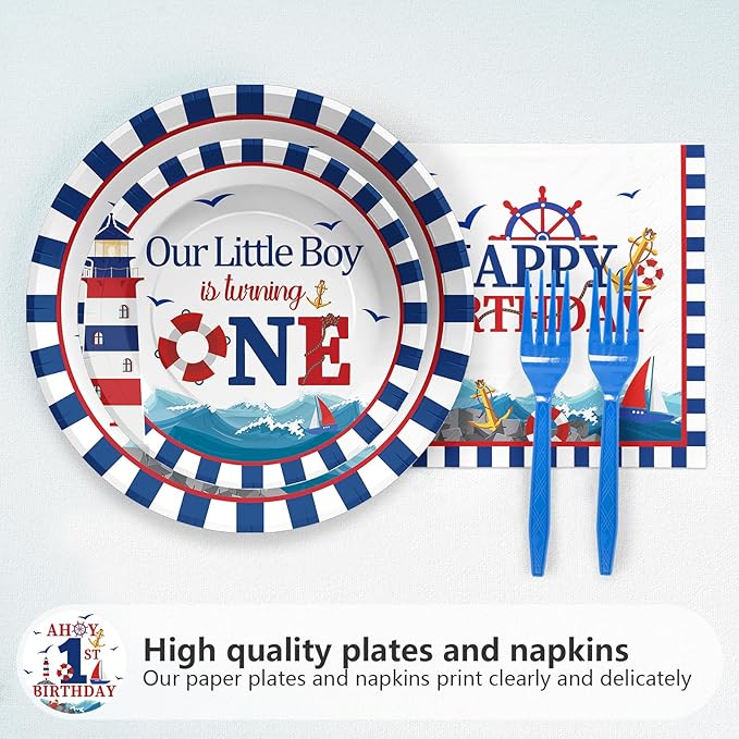 96Pcs Nautical Anchor Party Supplies Navy Anchor 1st Birthday Plates