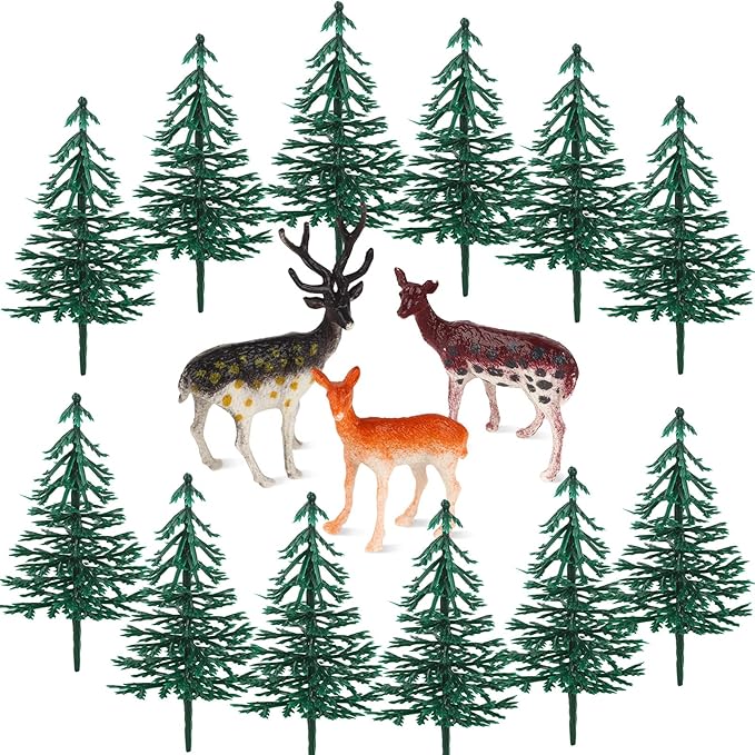 15Pcs Deer Christmas Tree Cake Topper with Tree Deer Figurines