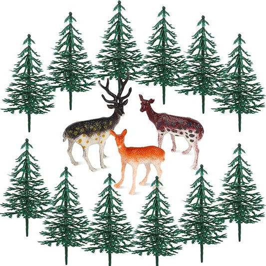 15Pcs Deer Christmas Tree Cake Topper with Tree Deer Figurines
