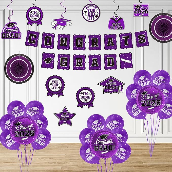 Purple Themed 2026 Graduation Decorations Set - Congrats Grad Banner,