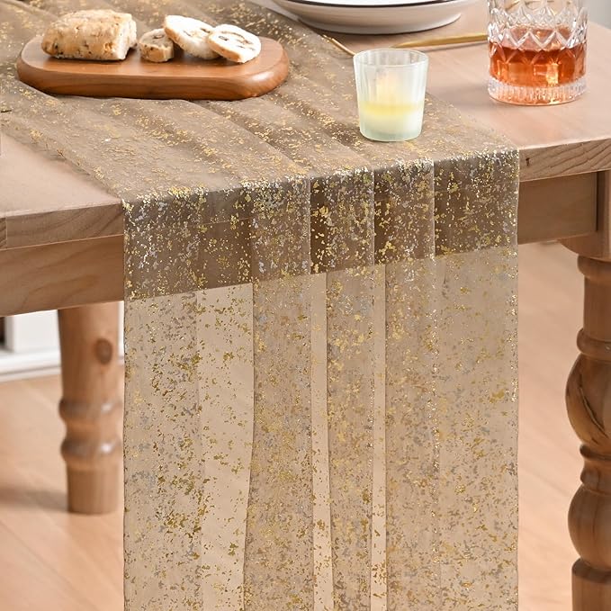 Artoid Mode Coffee Gold Gauze Table Runner 120 Inch 10FT, Glitter