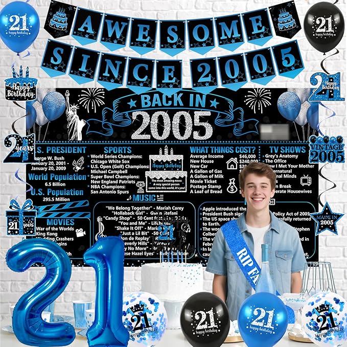 21st Birthday Decorations for Him Black Blue Back in 2005 Birthday