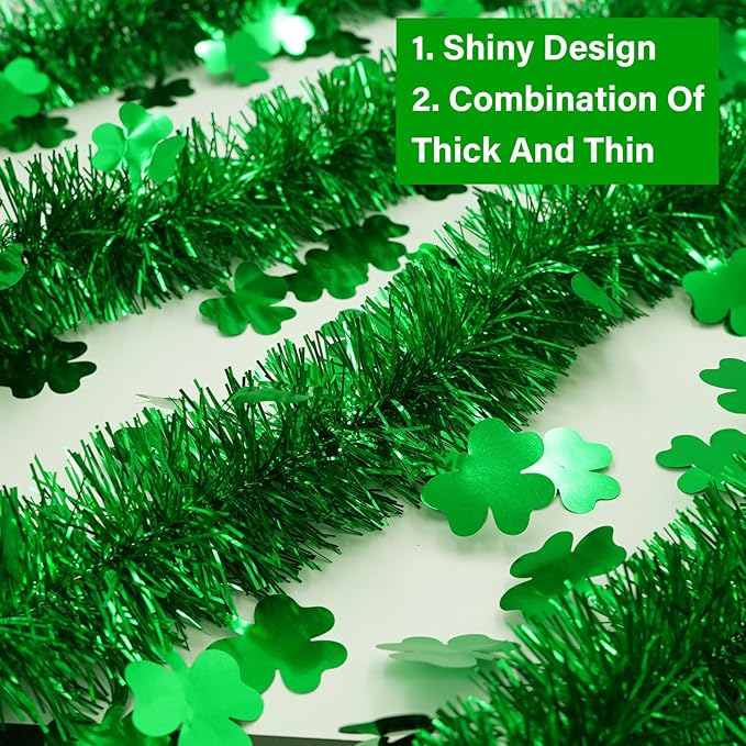 50FT St Patrick's Day Tinsel Garland, Green Shamrock Tinsel Garland