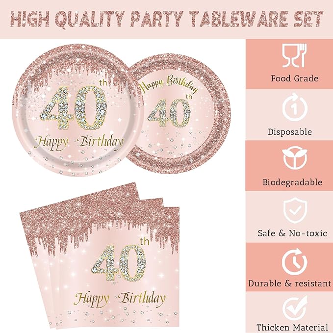 24 Sets 40th Rose Gold Birthday Party Decrations for Women 40