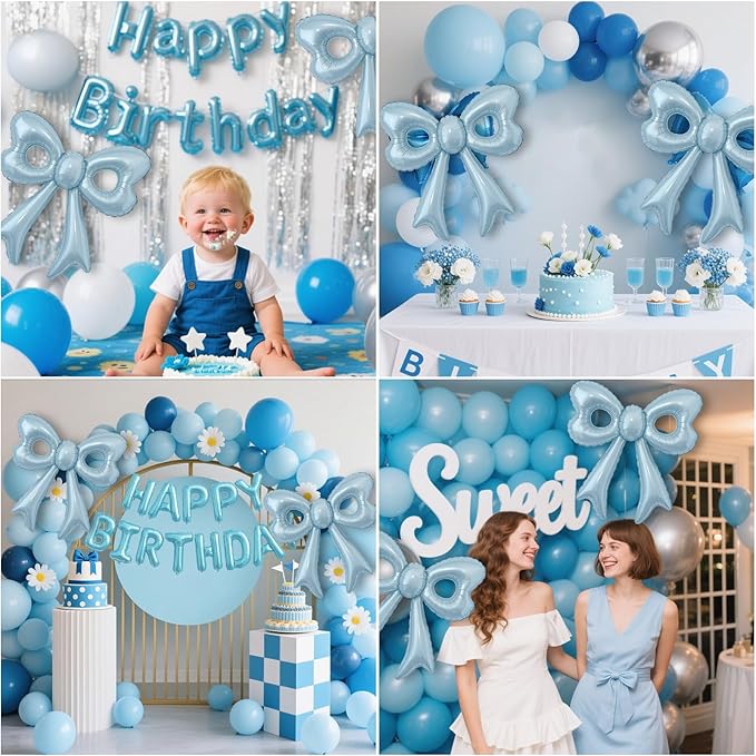 Blue Happy Birthday Balloons, 31”Huge Light Blue Bow Aluminum Foil