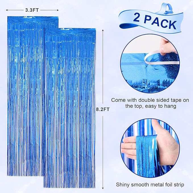 Voircoloria 2 Pack Laser Blue Foil Fringe Backdrop Curtains, Tinsel