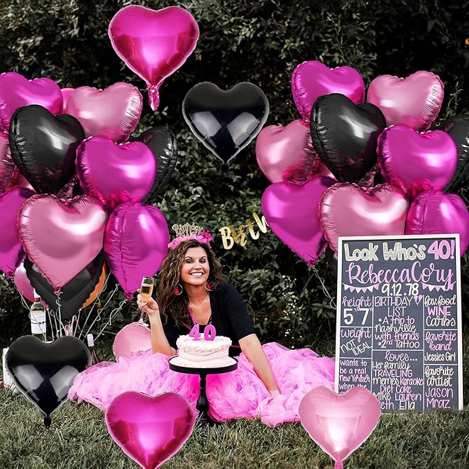 Pink Black Heart Foil Balloons, 12Pcs 18 Inch Hot Pink and Black