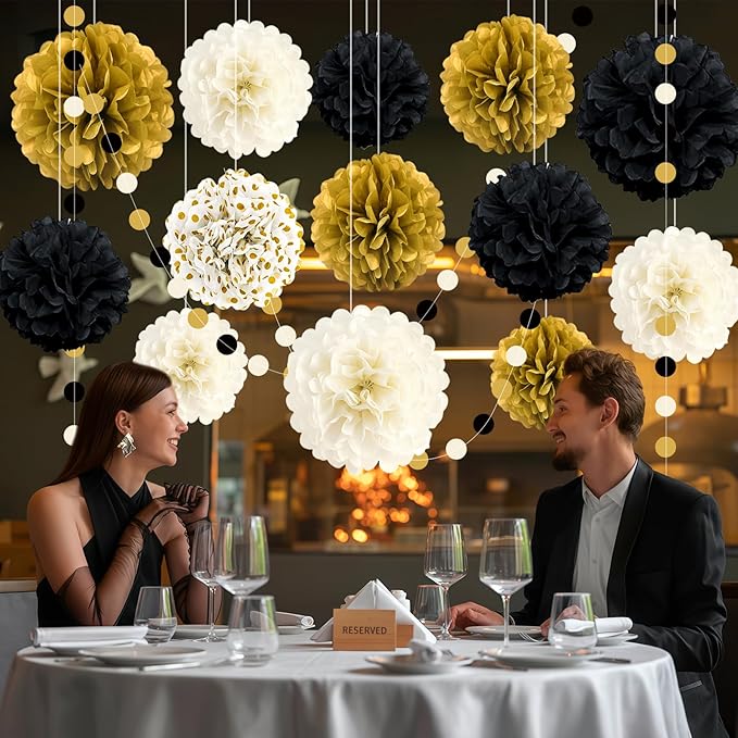 Black and Gold Party Decorations 16 PCS Tissue Paper Pom Poms Dots