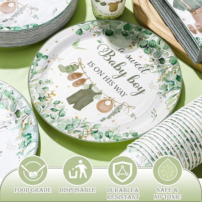 200 Pcs Greenery Baby Shower Paper Plates Napkins Cups Baby Shower
