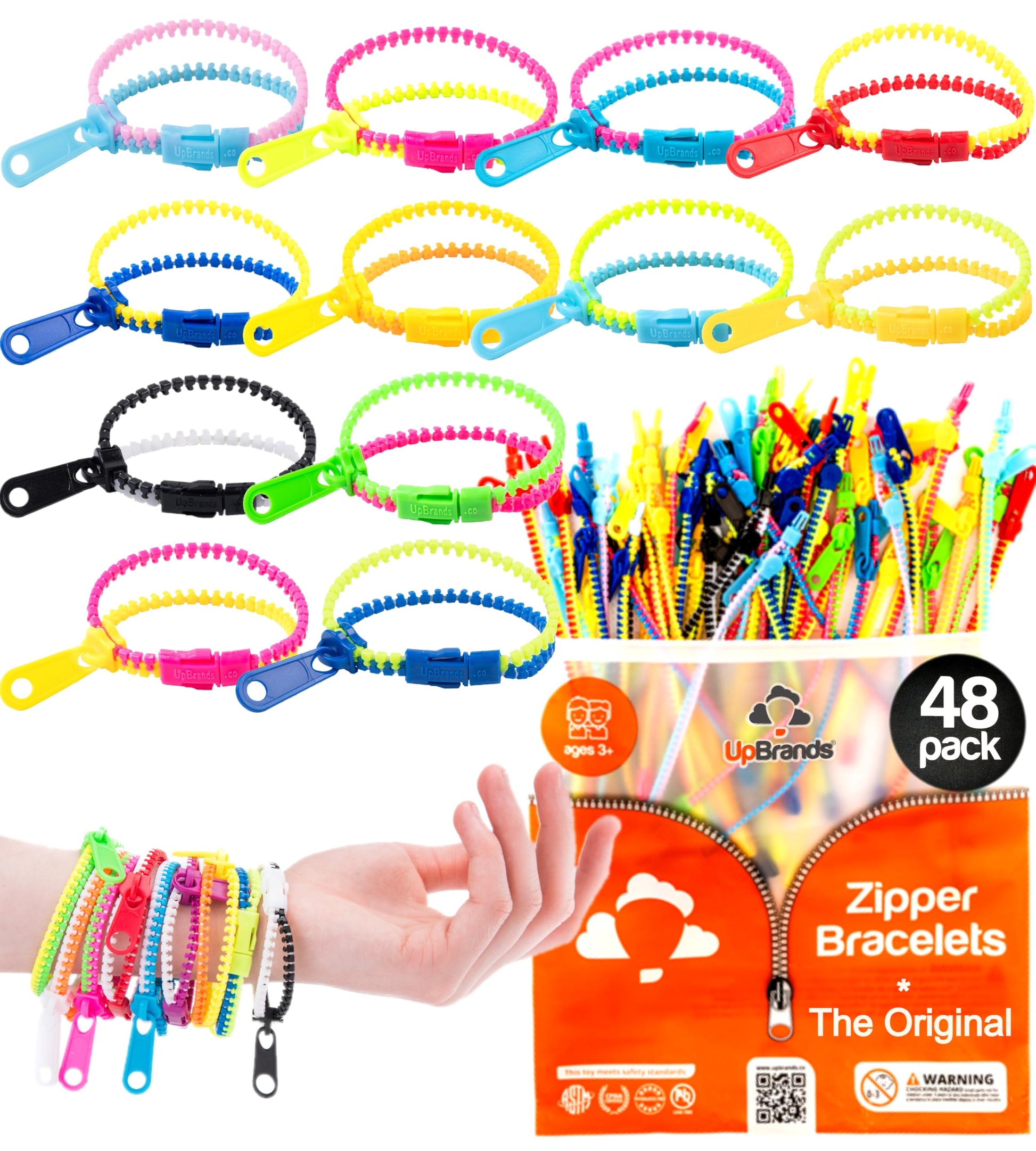 UpBrands 48 Fidget Toys Friendship Zipper Bracelets 7 ½”, Party Favors
