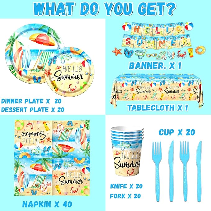 Hello Summer Party Decorations 142Pcs Beach Pool Party Paper Plates