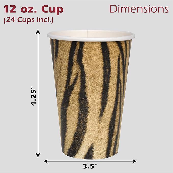 24 Jungle Safari Tiger Cups 12oz Heavyweight Paper Cups with Big Cat