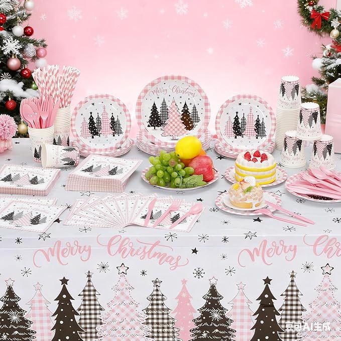 452 Pcs Pink Christmas Party Decoration for 50 Buffalo Plaid Gingham