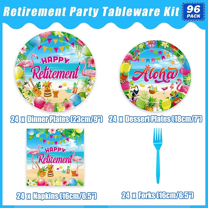 96 Pcs Hawaiian Aloha Retirement Party Plates Luau Tropical Happy