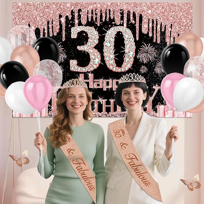 30th Birthday Decorations for Her 49pcs Black Rose Gold Black Happy