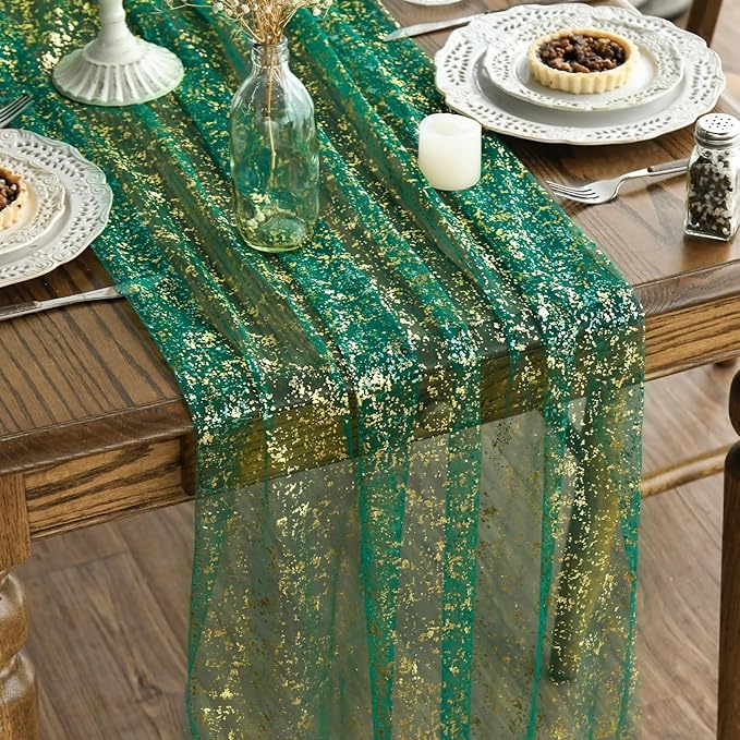 Artoid Mode Green Gold Gauze Table Runner 120 Inch 10Pcs, Glitter