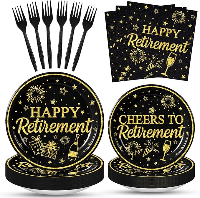 100 Pcs Happy Retirement Tableware Party Supplies Set Serves 25