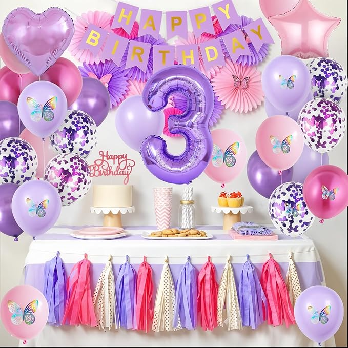 3rd Birthday Decoration for Girls,Pink Purple 3rd Birthday Balloon