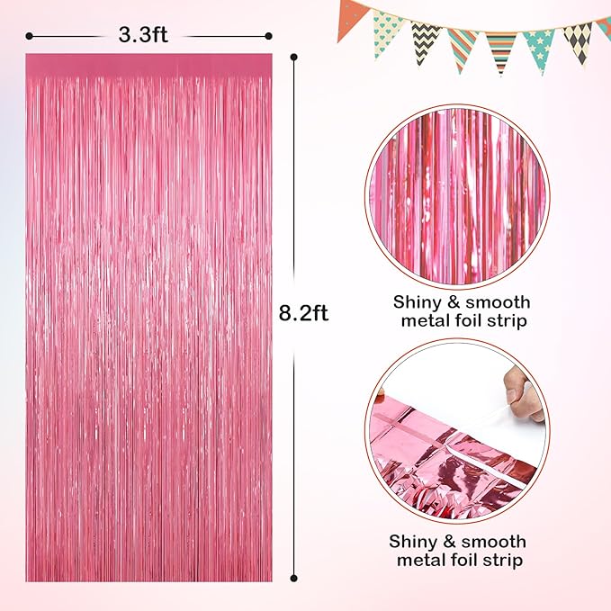 Pink Metallic Tinsel Foil Fringe Curtains, 2 Pack 3.3x8.3 Feet Party