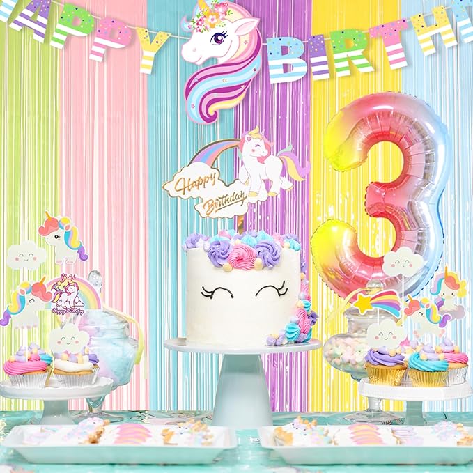 Unicorn 3rd Birthday Party Decorations for Girls Rainbow Banner