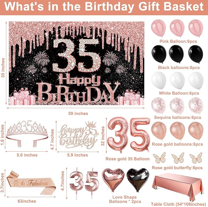 35th Birthday Decorations for Women 49pcs Black Rose Gold Black