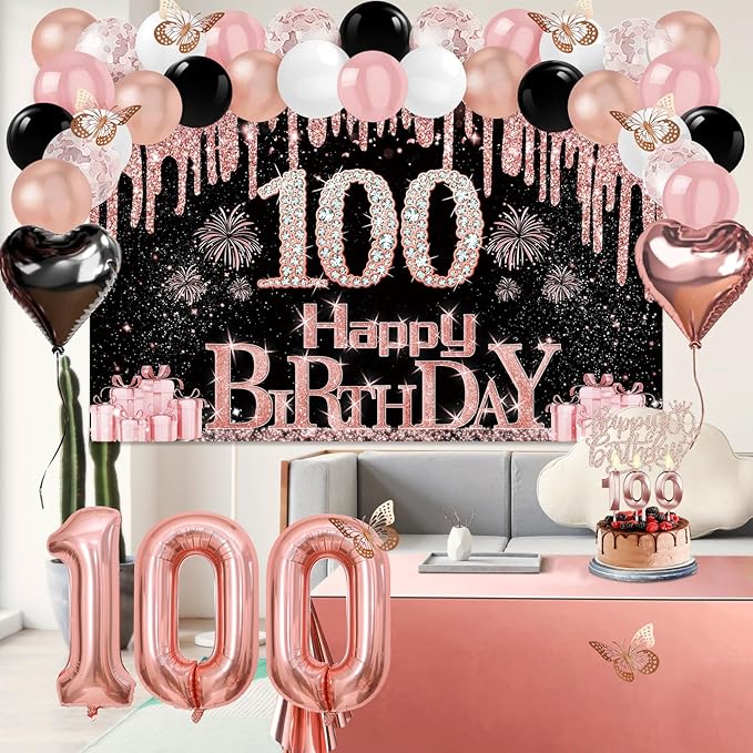 100th Birthday Decorations for Women 49pcs Black Rose Gold Black