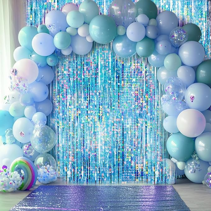 4 Packs Blue Foil Fringe Curtain, Light Blue Glitter Metallic Tinsel
