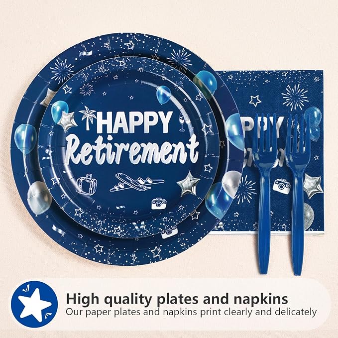 96Pcs Happy Retirement Party Supplies Blue and Silver Plates and