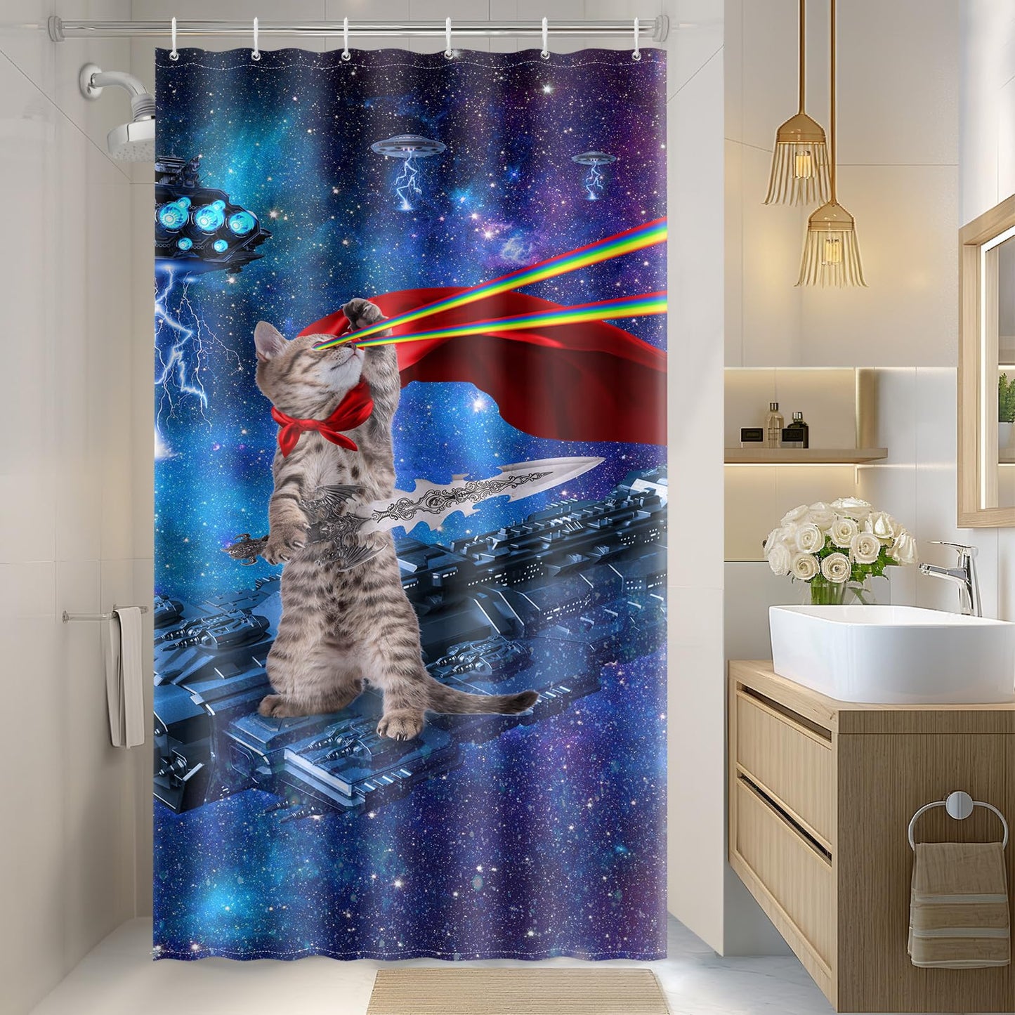 Aimego Stall Small Shower Curtain - Funny Cool Cute Cat on Fantasy