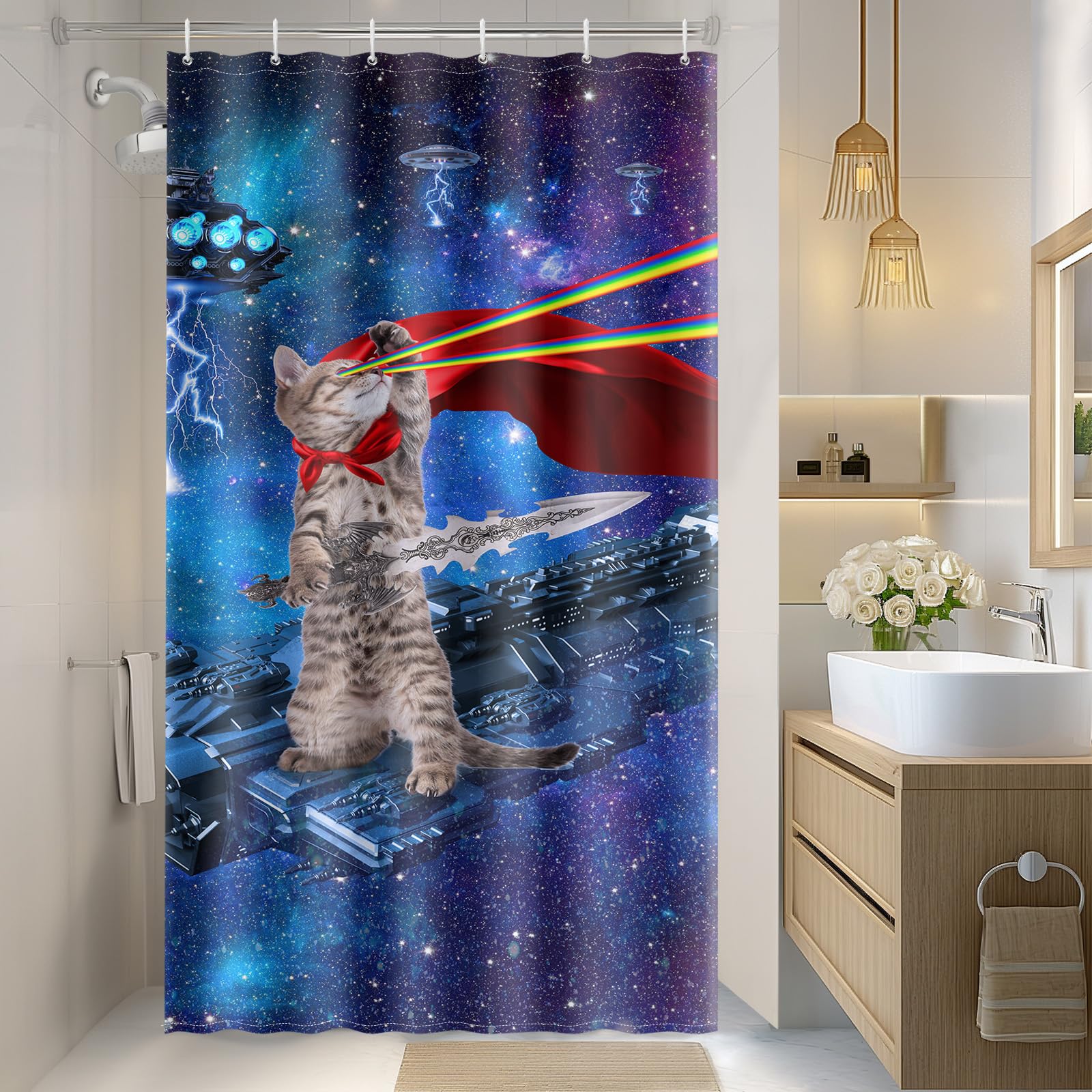 Aimego Stall Small Shower Curtain - Funny Cool Cute Cat on Fantasy