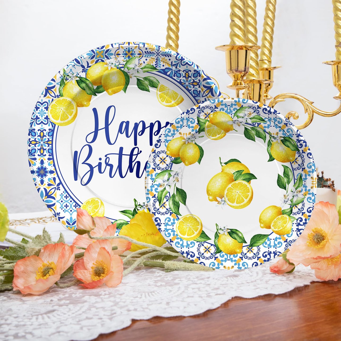 96Pcs Capri Lemon Party Supplies Blue Tiles Yellow Lemon Plates and