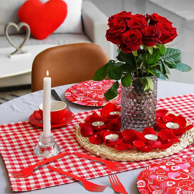 96 Pieces Valentine's Day Tableware Set Red Heart Disposable Plates