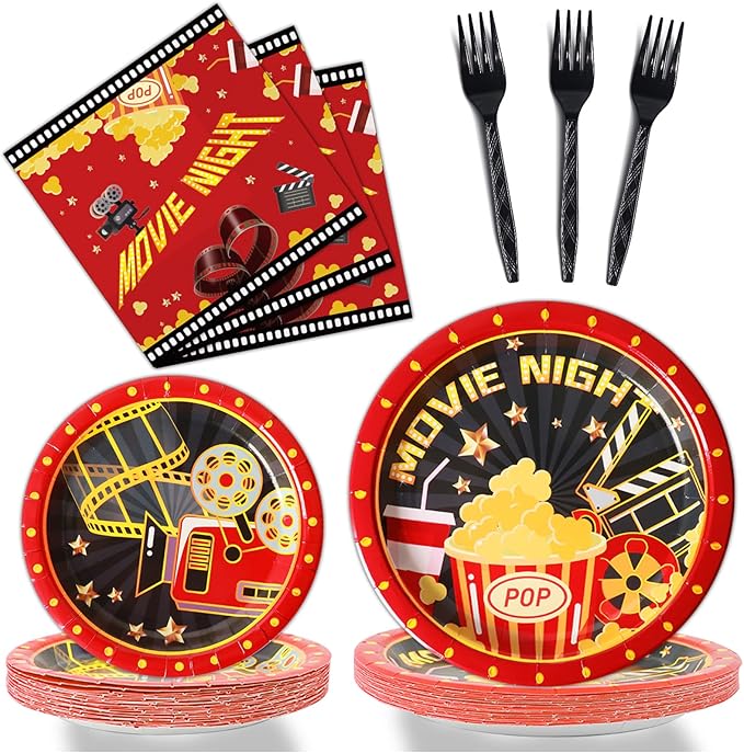 96 Pcs Movie Night Party Supplies Paper Plates Napkins Movie Party