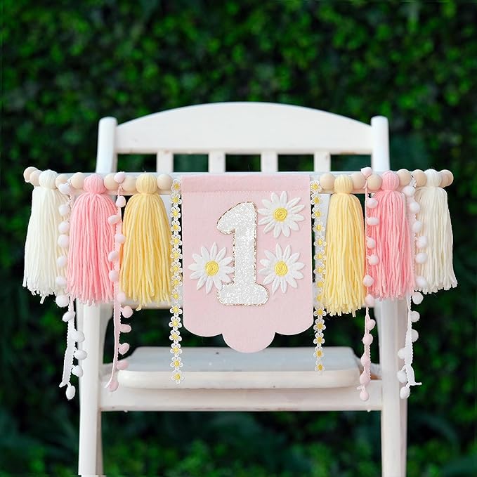 Pink Daisy Baby First Birthday Party Decorations Blue High Chair
