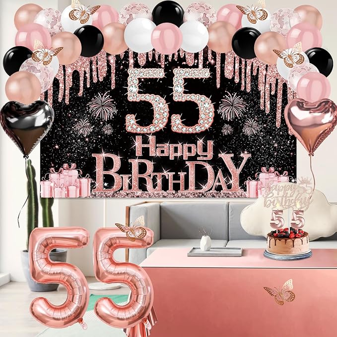 55th Birthday Decorations for Women 49pcs Black Rose Gold Black