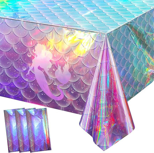 3Pcs Mermaid Iridescence Plastic Tablecloths Mermaid Laser Table