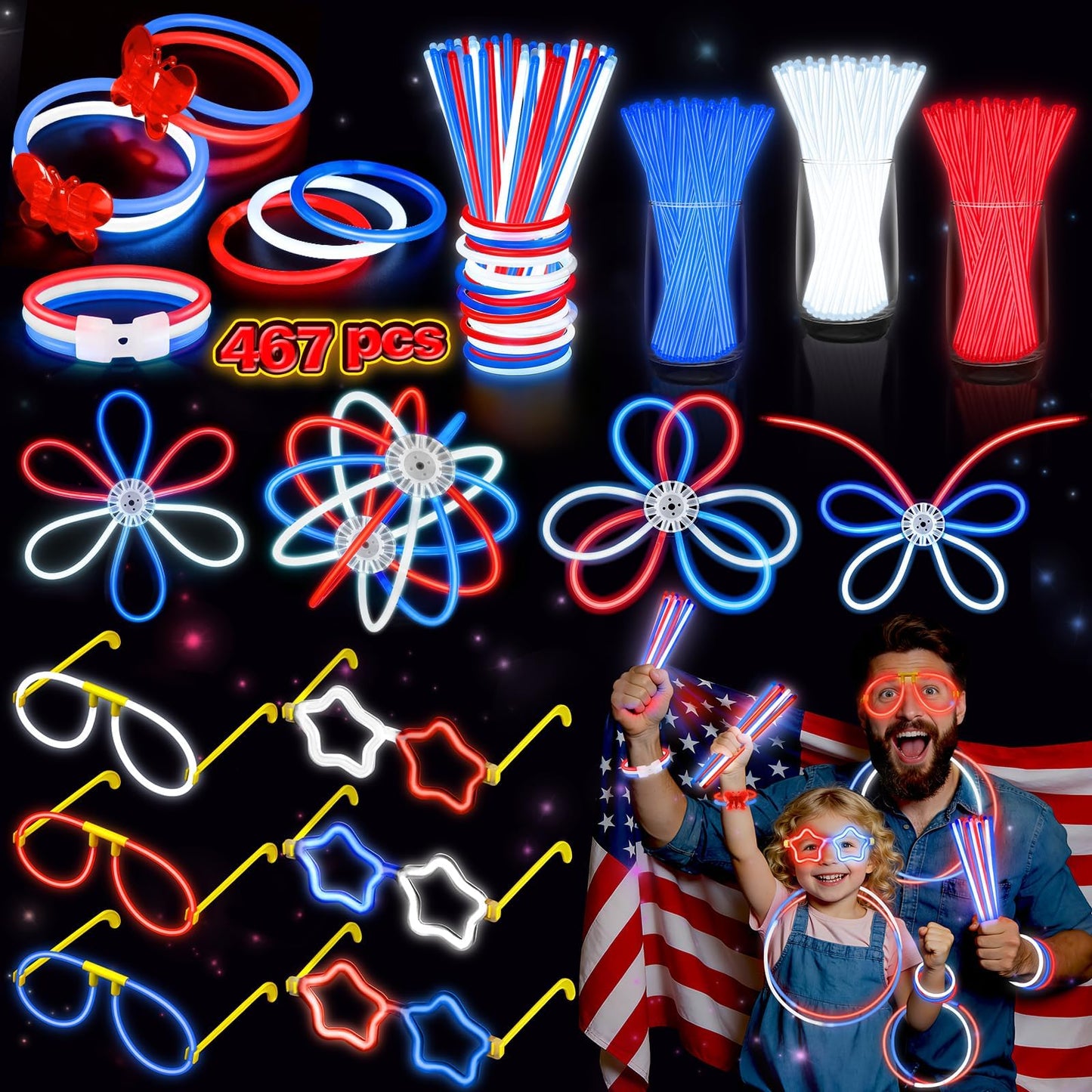 BUDI 467Pcs 4th of July Accessories Glow Sticks: Red White Blue Glow