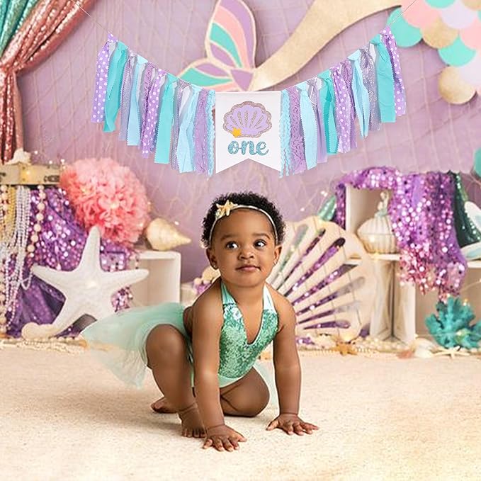Mermaid One Year High Chair Banner Under The Sea 1st Birthday Party