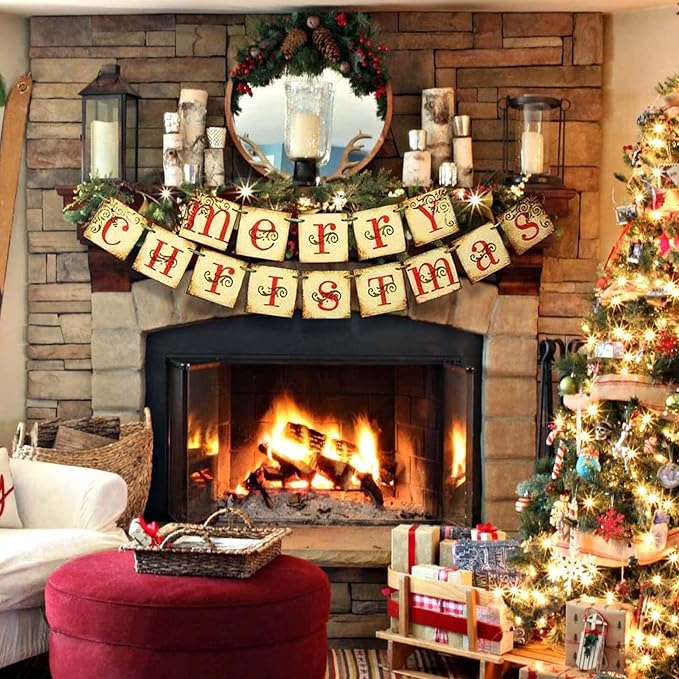 Christmas Decorations Vintage Merry Christmas Banner Retro Nostalgic