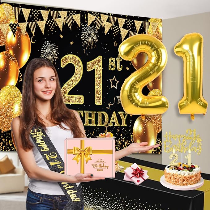 21st Birthday Decorations for Him Her with Banner Black and Gold