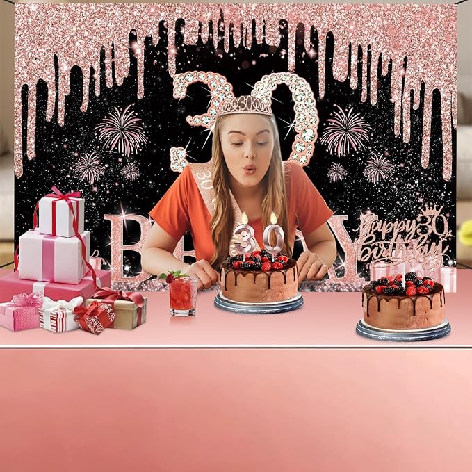 30th Birthday Decorations for Her with Banner Rose Gold Tablecloth