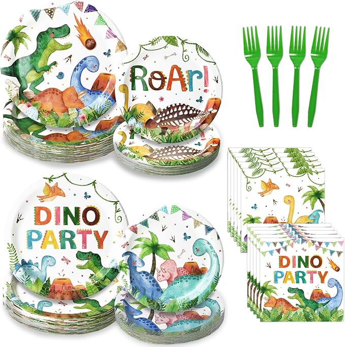 96 Pcs Dinosaur Plates and Napkins Tableware Set Serves 24 Dinosaur