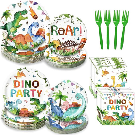 96 Pcs Dinosaur Plates and Napkins Tableware Set Serves 24 Dinosaur