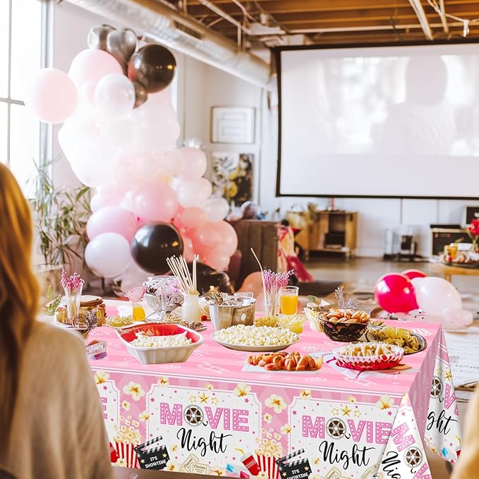 Pink Movie Night Party Decorations Kit Movie Banner Cute Popcorn