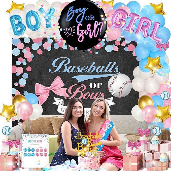 Baseball or Bows Gender Reveal Decorations 171 PCs Boy or Girl
