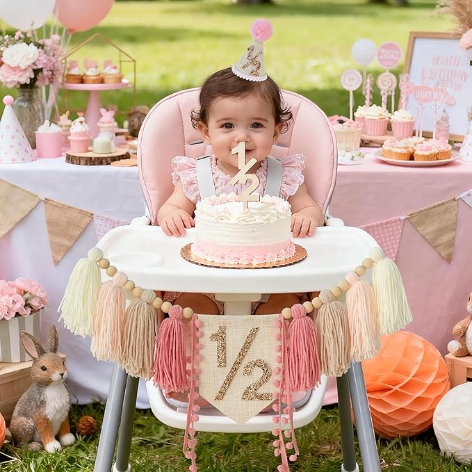 1/2 Pink Baby Girl Birthday Highchair Banner Wood Bead Tassel