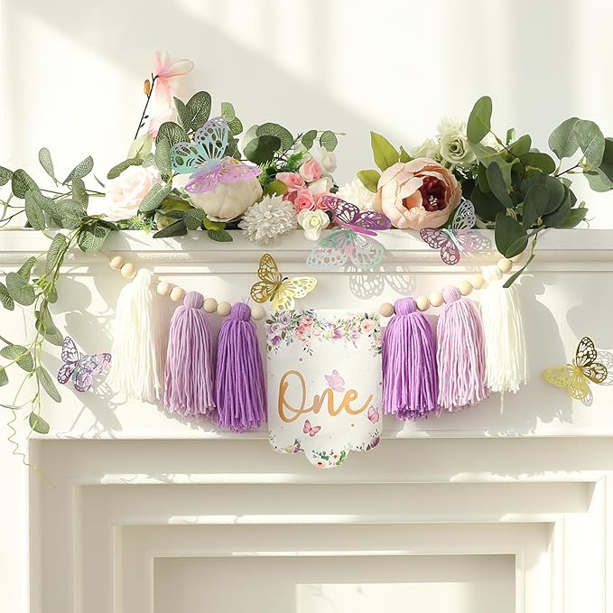 Handmade Butterfly Flower 1st Birthday High Chair Banner Purple