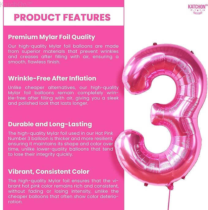 KatchOn, Giant Hot Pink Number 3 Balloon - 40 Inch | Number 3 Foil